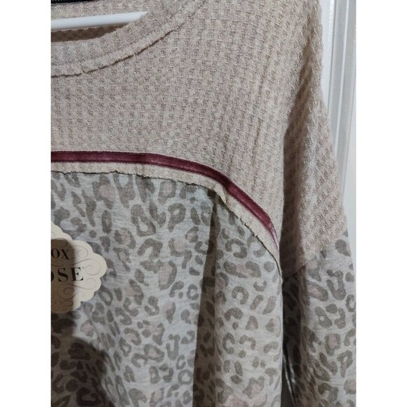 Knox Rose Mixed Media French Terry Leopard High Low Long Cinched Sleeve Top M Nw - Picture 5 of 9